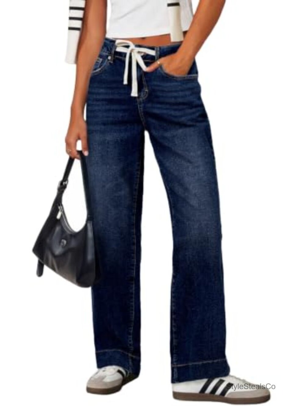 Sidefeel Women's High Waisted Straight Leg Jeans Drawstring Denim Pants